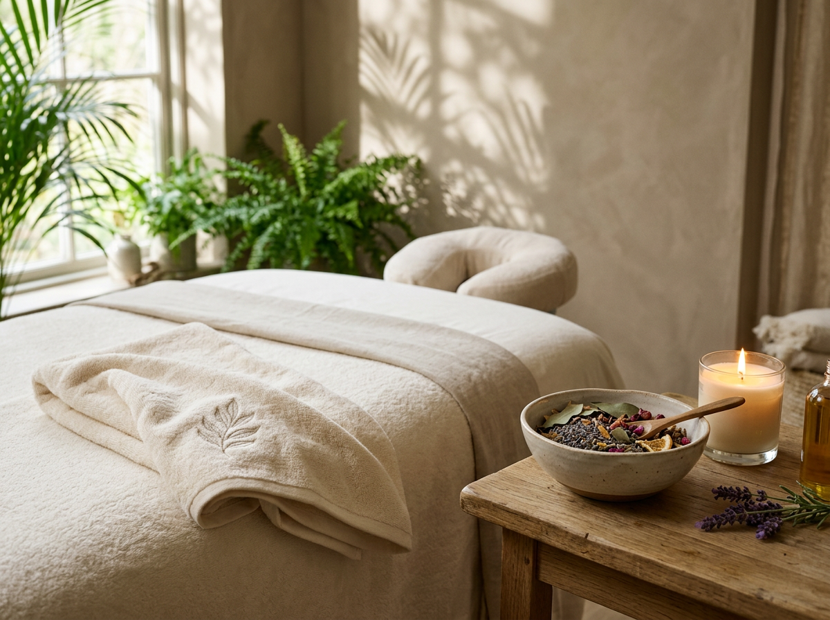 Fresh linens and botanicals prepared for a spa treatment