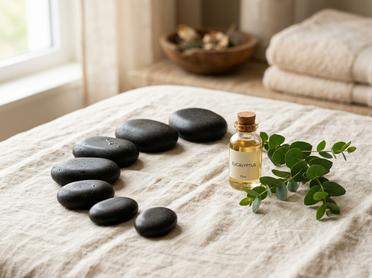 Smooth hot stones and eucalyptus prepared for a treatment